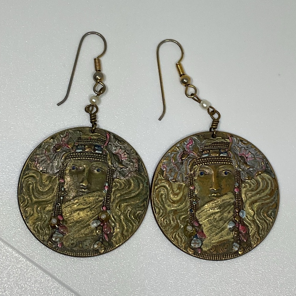 Vintage Pididdly Links Art Nouveau Revival Medallion Dangle Earrings